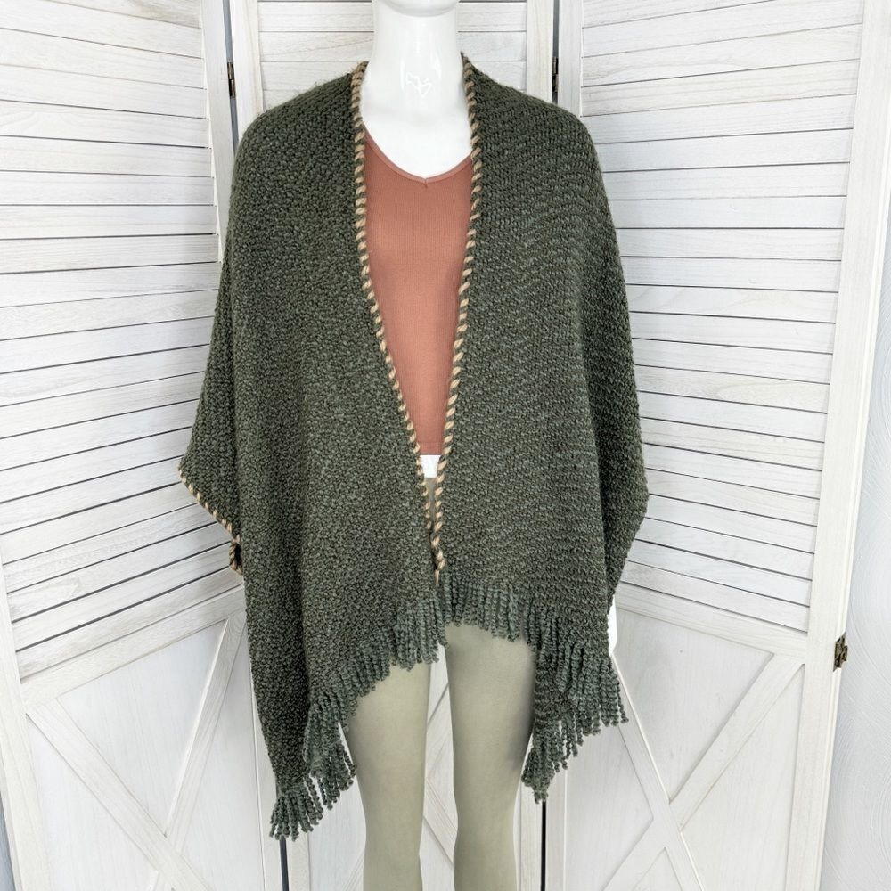 Lucky Brand Boho Fringe Hem Kimono Sweater Chunky Poncho Cardigan Olive‎ Green